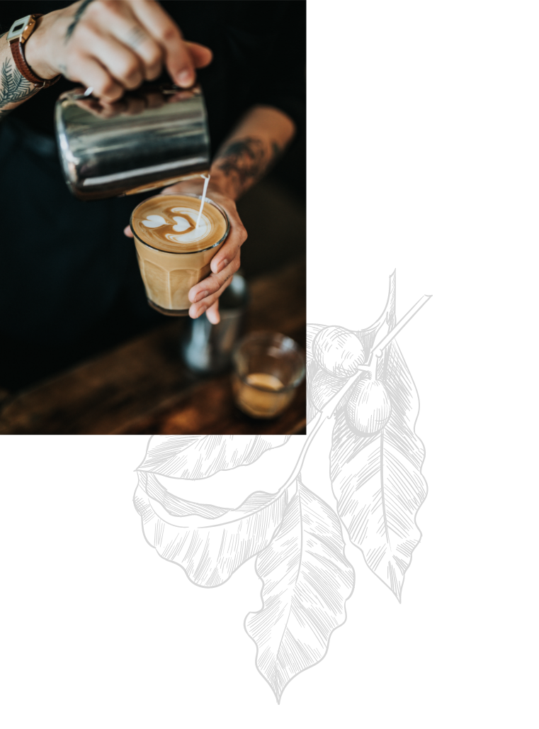 カフェラテ写真とコーヒーの葉のイラスト